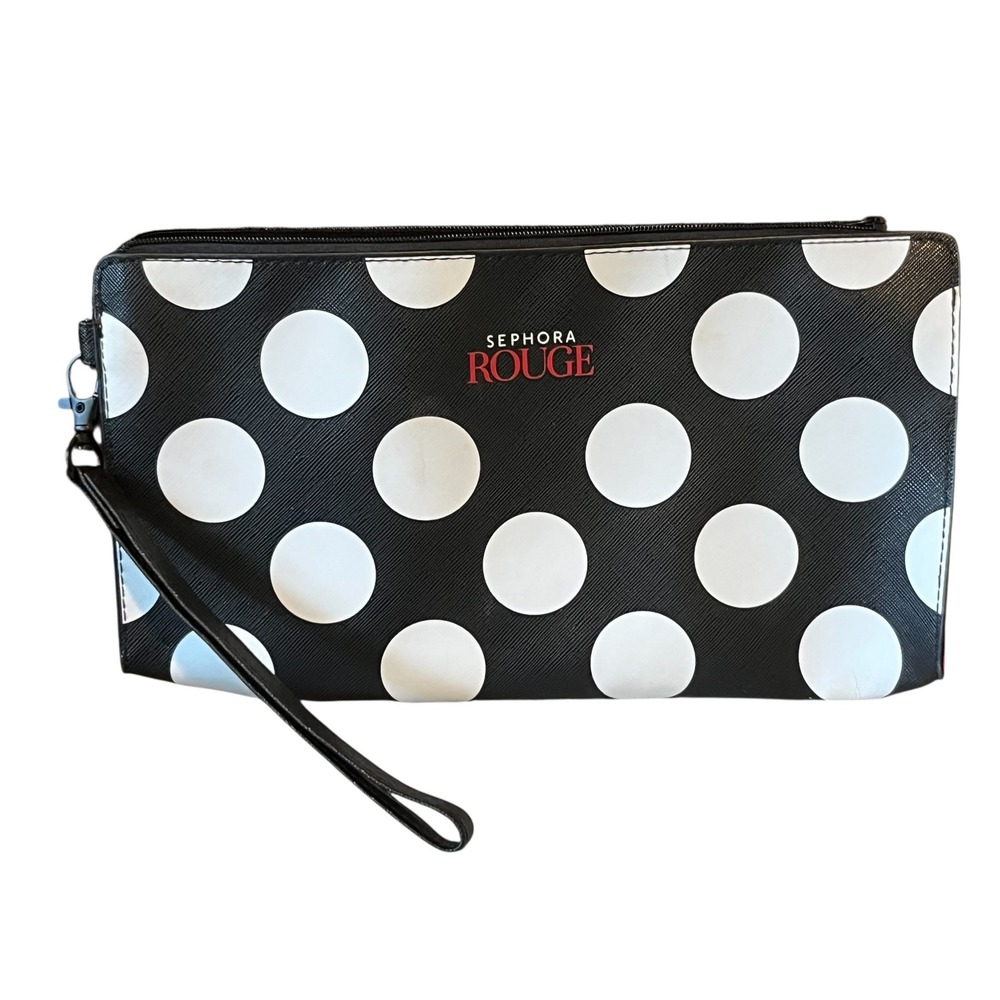 Sephora Rouge Polka Dot Wristlet Makeup Bag Black White Red Pouch